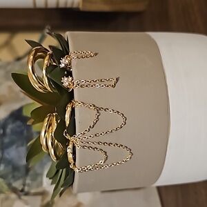 NWT 3 pair Golden 3 triple hoop earrings, small hoops chain studs with chain